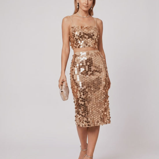 Lustra Sequin Set by Lauven, featuring a shiny cropped top and midi skirt, perfect for evening glamour.