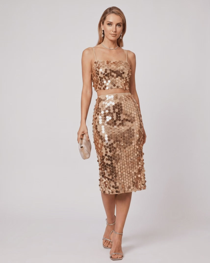 Lustra Sequin Set by Lauven, featuring a shiny cropped top and midi skirt, perfect for evening glamour.