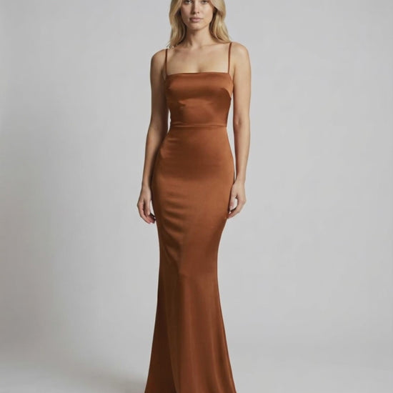Sienna Maxi Dress - Brown satin dress featuring spaghetti straps and sleek silhouette by Lauven.