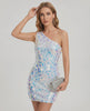 Aurora Mini Dress – One shoulder bodycon mini dress with iridescent sequins from Lauven, perfect for parties.