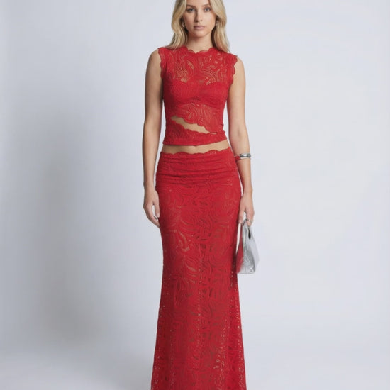 Valencia Set - Women’s Red Lace Two-Piece Set by Lauven, perfect for elegant evening style and refined femininity.