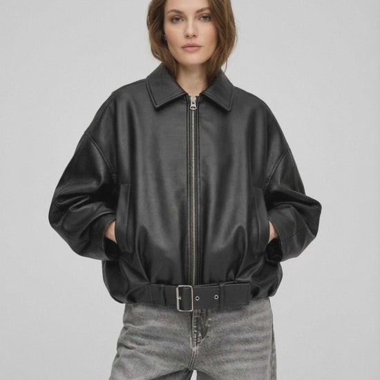 Black Belted Jacket by Lauven, women's oversized zip jacket with a leather-look finish and structured lapel collar.