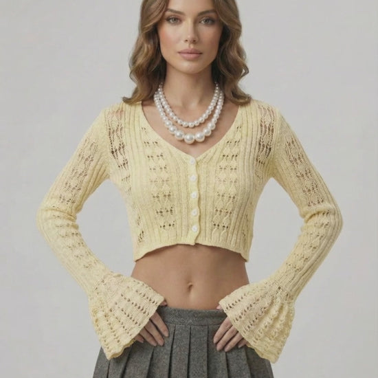 Solene Cardigan in soft yellow with a cropped silhouette, openwork knit, V-neck, by Lauven for a fresh wardrobe update.