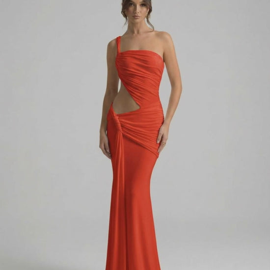 Sienna Maxi Dress - Red maxi dress with asymmetrical draping and backless silhouette by Lauven.