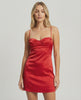 Lauven Orion Mini Dress in red satin with spaghetti straps, showcasing a sleek, bodycon silhouette.