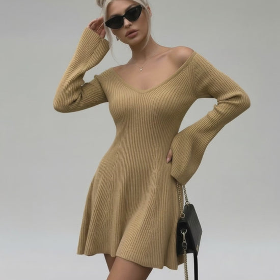 Saffron Mini Dress by Lauven in camel knit with V-neck and flared sleeves for a stylish look.