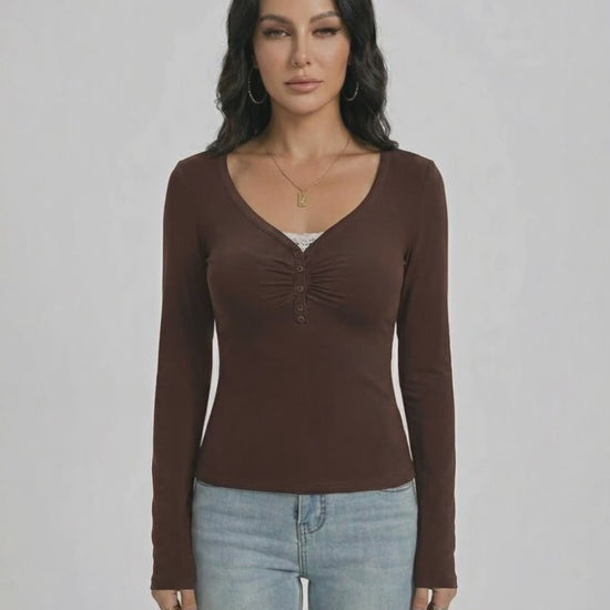 Mocha Pullover by Lauven - Women’s Slim Fit V-Neck Long Sleeve Sweater with Button Detail
