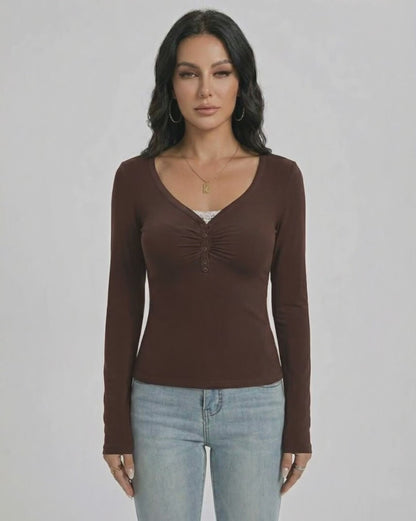 Mocha Pullover by Lauven - Women’s Slim Fit V-Neck Long Sleeve Sweater with Button Detail