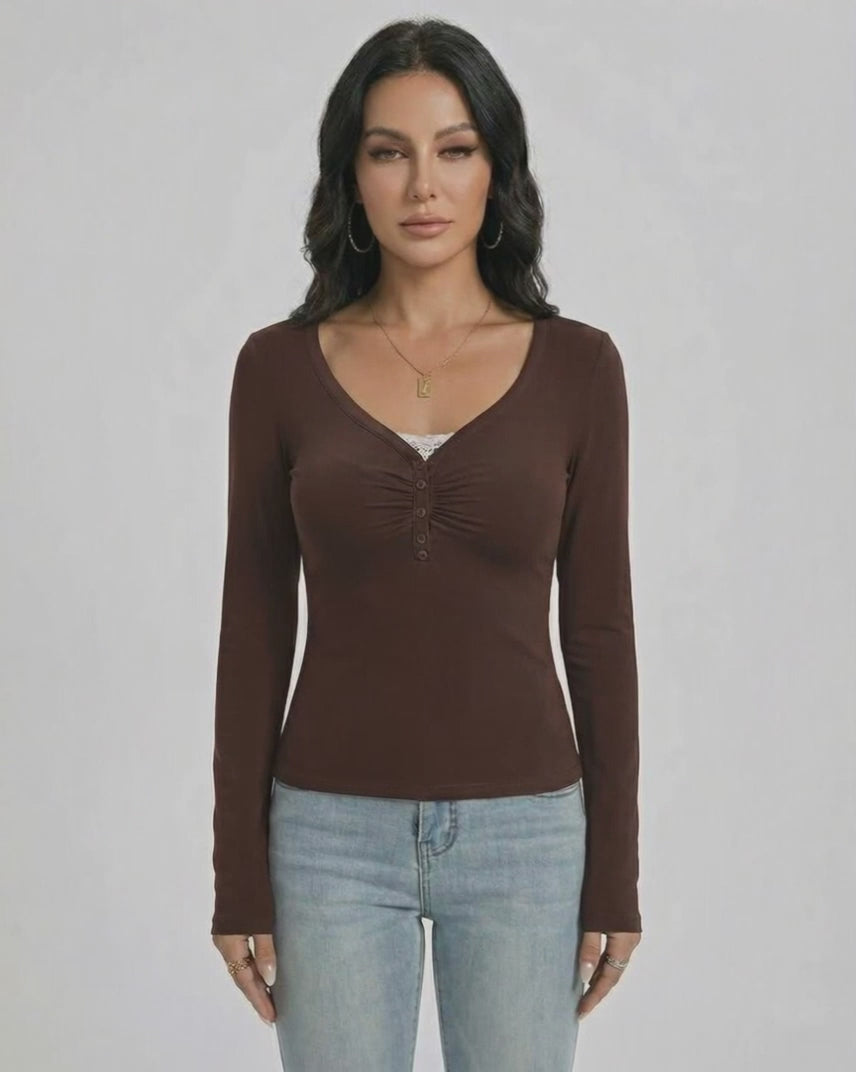 Mocha Pullover by Lauven - Women’s Slim Fit V-Neck Long Sleeve Sweater with Button Detail