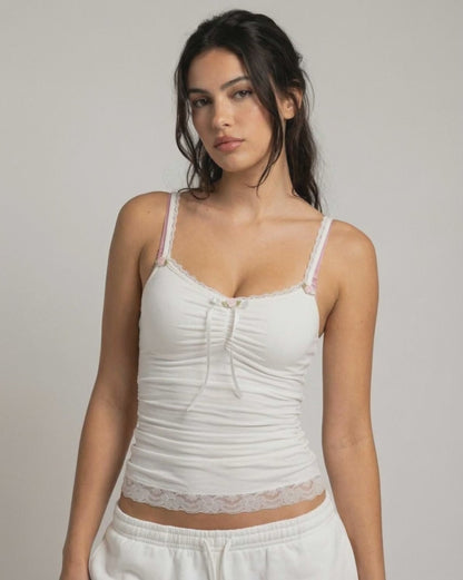 Lunelle Top by Lauven - Soft ivory lace trim camisole with bow detail for feminine elegance