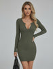 Olive Mini Dress by Lauven featuring a bodycon pencil silhouette in olive green with half-open collar and long sleeves.