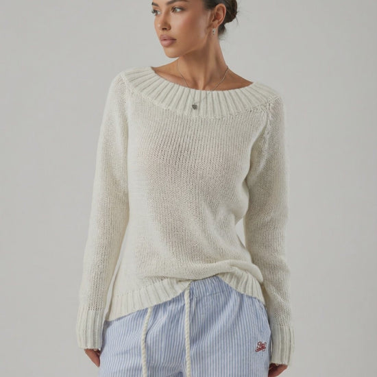 Sienna Sweater by Lauven, women’s boat neck sweater with rib knit detail in a soft knit texture, perfect for cooler days.