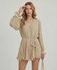 Soleil Mini Dress by Lauven in soft beige chiffon with pleated texture and elegant silhouette.