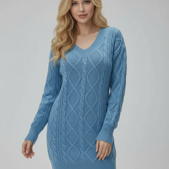 Arden Knit Dress by Lauven, a blue cable knit long sleeve sweater dress with V-neckline.