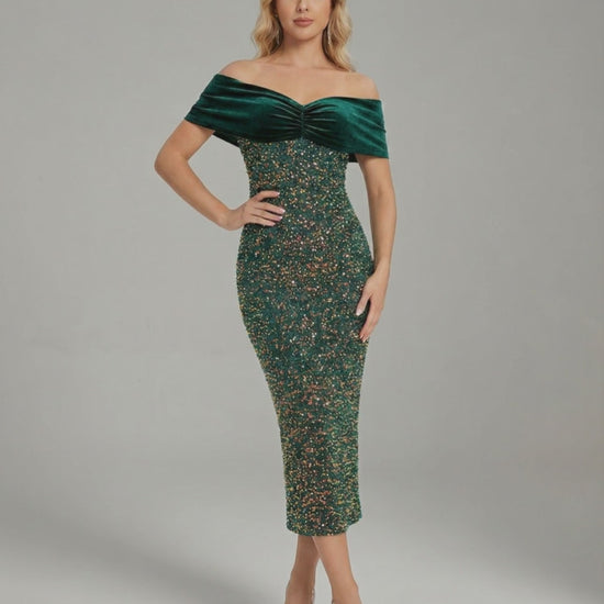 Celeste Midi Dress by Lauven - Elegant off-shoulder green evening dress showcasing a fitted silhouette and luxurious velvet.