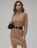 Sahara Mini Dress by Lauven - Beige Ribbed Long Sleeve Turtleneck Mini Dress with a belt detail.