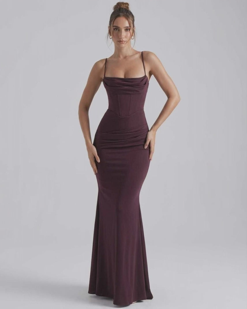 Celeste Maxi Dress in deep plum, featuring spaghetti straps and sleek sheath silhouette by Lauven.