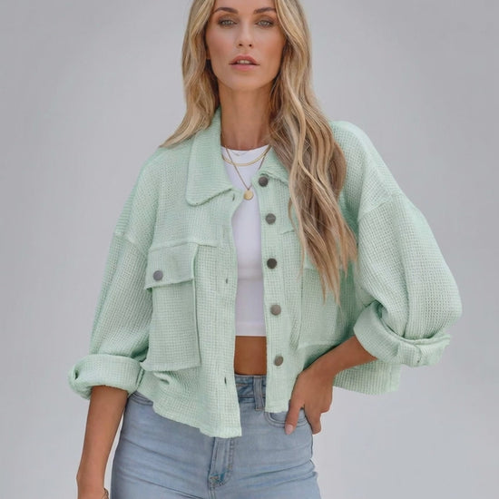 Elara Jacket by Lauven - Women's mint green cropped jacket with oversized fit and relaxed structure.