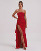 Solenne Maxi Dress in red, strapless, asymmetrical design with side slit, crafted by Lauven for a modern, elegant look.