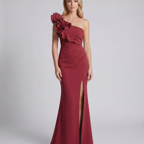 Aurelium Maxi Dress, one-shoulder design, smooth stretch fabric, Lauven brand, elegant silhouette.