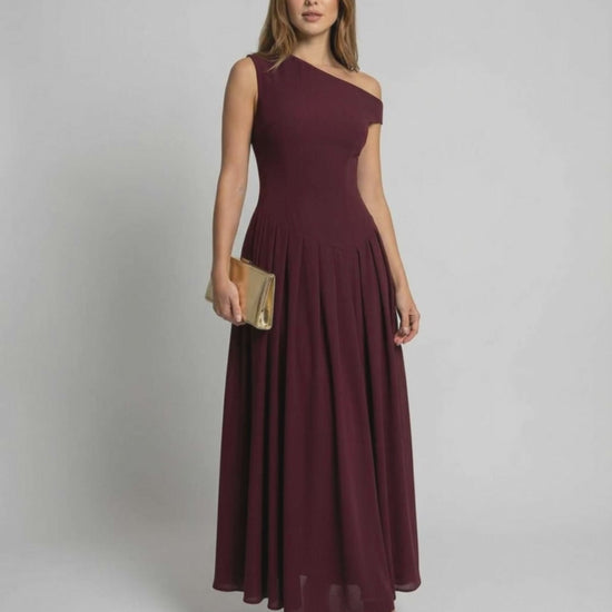 Valencia Maxi Dress: Elegant burgundy one shoulder A-line silhouette, perfect for evening events by Lauven.