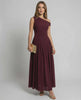 Valencia Maxi Dress: Elegant burgundy one shoulder A-line silhouette, perfect for evening events by Lauven.