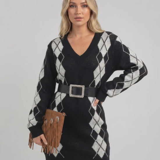 Arden Mini Dress by Lauven, featuring acrylic knit, V-neck, argyle pattern, and a cozy relaxed silhouette.