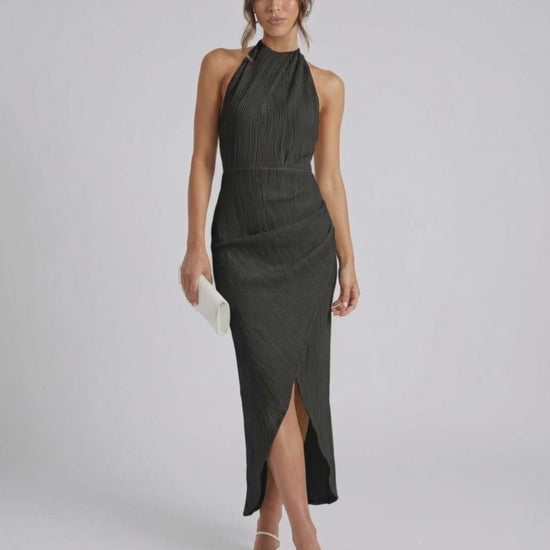 Lauven Celeste Midi Dress - Elegant black halter neck evening dress with a slit for sophistication.