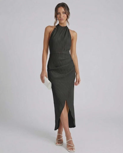 Lauven Celeste Midi Dress - Elegant black halter neck evening dress with a slit for sophistication.
