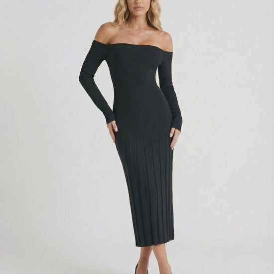 Celeste Midi Dress by Lauven, elegant off-shoulder black dress with slim fit, showcasing modern luxury style.
