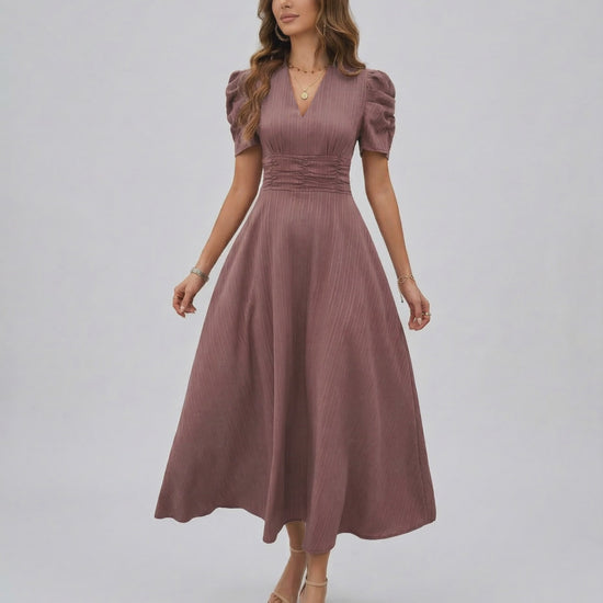 Sienna Midi Dress in mauve, featuring puffed sleeves, V-neckline, and ruched waist, perfect for elegant occasions by Lauven.