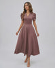 Sienna Midi Dress in mauve, featuring puffed sleeves, V-neckline, and ruched waist, perfect for elegant occasions by Lauven.