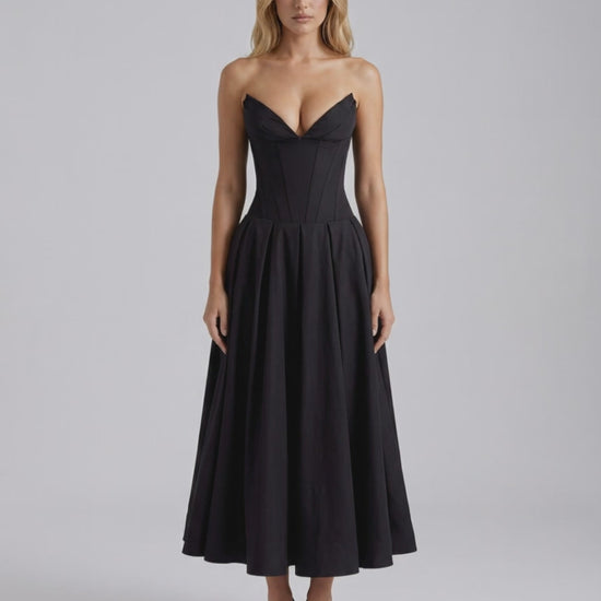 Aveline Midi Dress - Structured polyester, fitted bodice, V-neckline, flowing skirt, modern silhouette by Lauven.