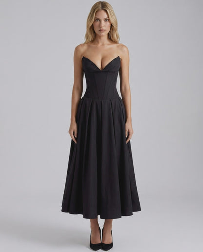 Aveline Midi Dress - Structured polyester, fitted bodice, V-neckline, flowing skirt, modern silhouette by Lauven.