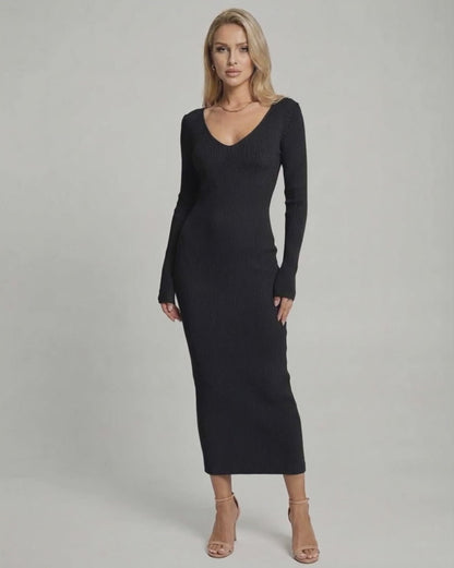 Noir Midi Dress showing a sleek black ribbed v-neck knit design, flattering pencil shape by Lauven for elegant comfort.