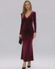 Celeste Maxi Dress by Lauven, showcasing a luxurious burgundy velvet design with long sleeves and a slim-fit silhouette.