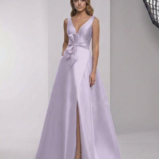 Lyrielle Maxi Dress - Lavender satin A-line dress with V-neck and bow detail, showcasing elegance and modern style from Lauven.