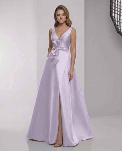 Lyrielle Maxi Dress - Lavender satin A-line dress with V-neck and bow detail, showcasing elegance and modern style from Lauven.