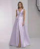 Lyrielle Maxi Dress - Lavender satin A-line dress with V-neck and bow detail, showcasing elegance and modern style from Lauven.