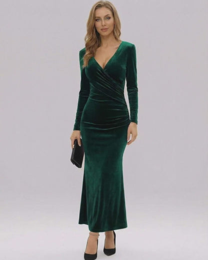 Sylvia Maxi Dress by Lauven in elegant emerald velvet, featuring a V-neckline and full-length sleeves.