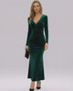 Sylvia Maxi Dress by Lauven in elegant emerald velvet, featuring a V-neckline and full-length sleeves.