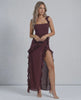 Lauven Amaranth Maxi Dress in deep plum with sheer ruffles and a thigh-high side slit, showcasing elegant style.