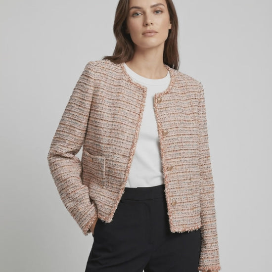 Florence Jacket by Lauven, women's tweed jacket in multitone weave, elegant workwear, long sleeve round neck style.