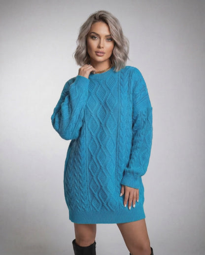 Azure Mini Dress by Lauven in bright blue cable knit with relaxed fit and ribbed trims.
