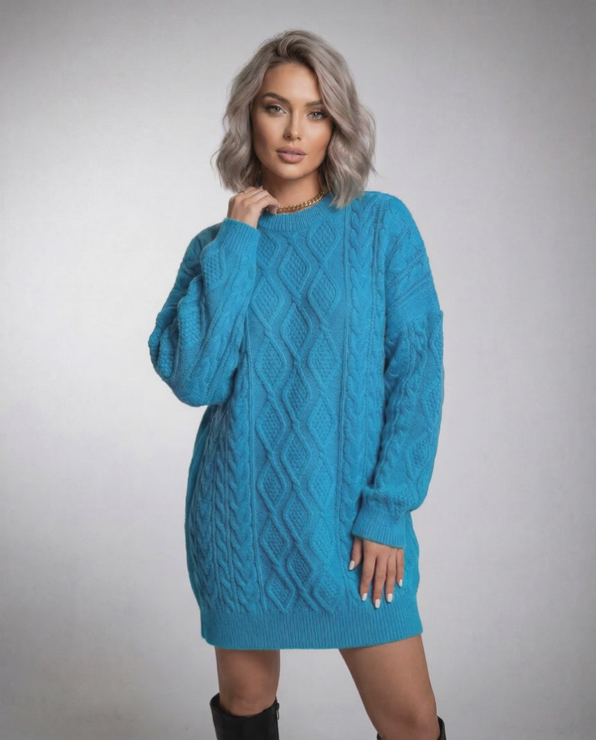 Azure Mini Dress by Lauven in bright blue cable knit with relaxed fit and ribbed trims.