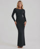 Lauven Noir Maxi Dress - Elegant long sleeve black dress with open back, smooth stretchy fabric for a flattering fit.