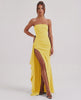 Solenne Maxi Dress in yellow, strapless design, dramatic side slit, by Lauven, elegant and modern look.