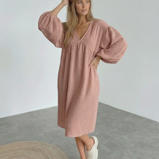 Roselle Midi Dress - Dusty rose cotton dress with puff sleeves, feminine charm from Lauven, perfect for everyday wear.
