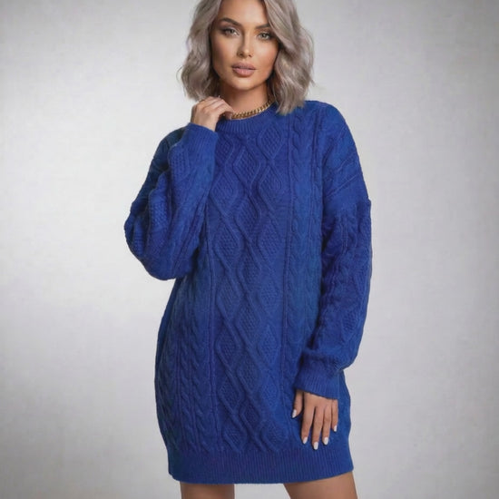 Royal Mini Dress by Lauven in deep blue cable knit with relaxed fit and dropped sleeves.