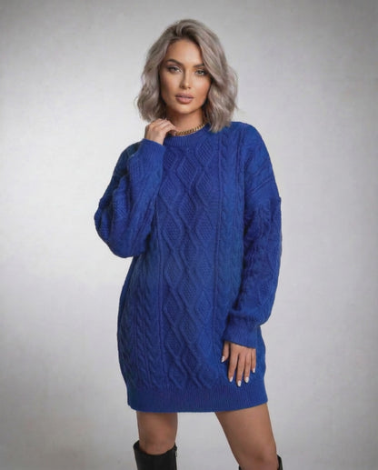 Royal Mini Dress by Lauven in deep blue cable knit with relaxed fit and dropped sleeves.